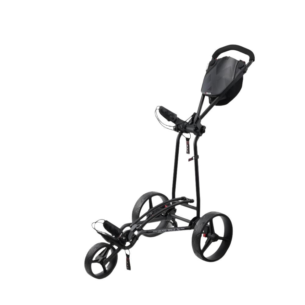 A black three-wheeled golf cart with a black steering wheel and a small storage compartment on top.