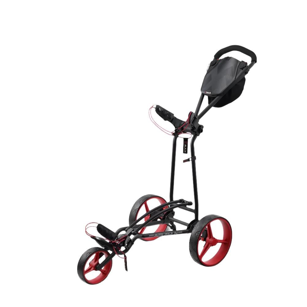 A red and black three-wheeled golf cart with a black steering wheel and a small storage compartment on top.