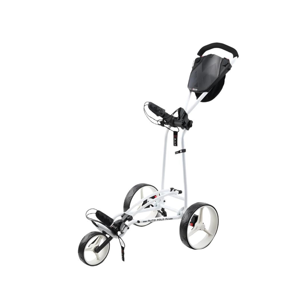 A black and white three-wheeled golf cart with a black steering wheel and a small storage compartment on top.