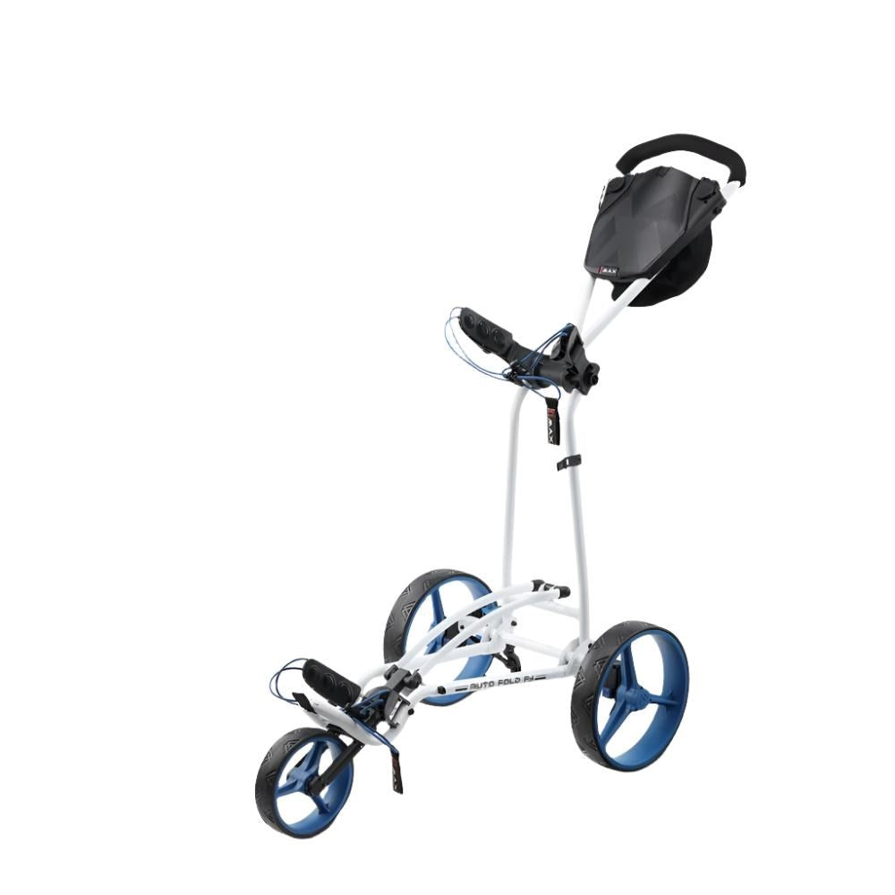 A white and blue three-wheeled golf cart with a black steering wheel and a small storage compartment on top.