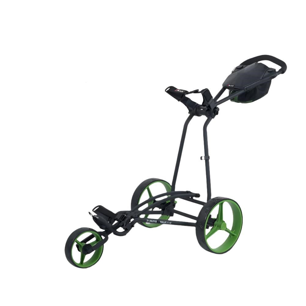 A black and green 3-wheel golf cart with black accents and visible folding mechanism.