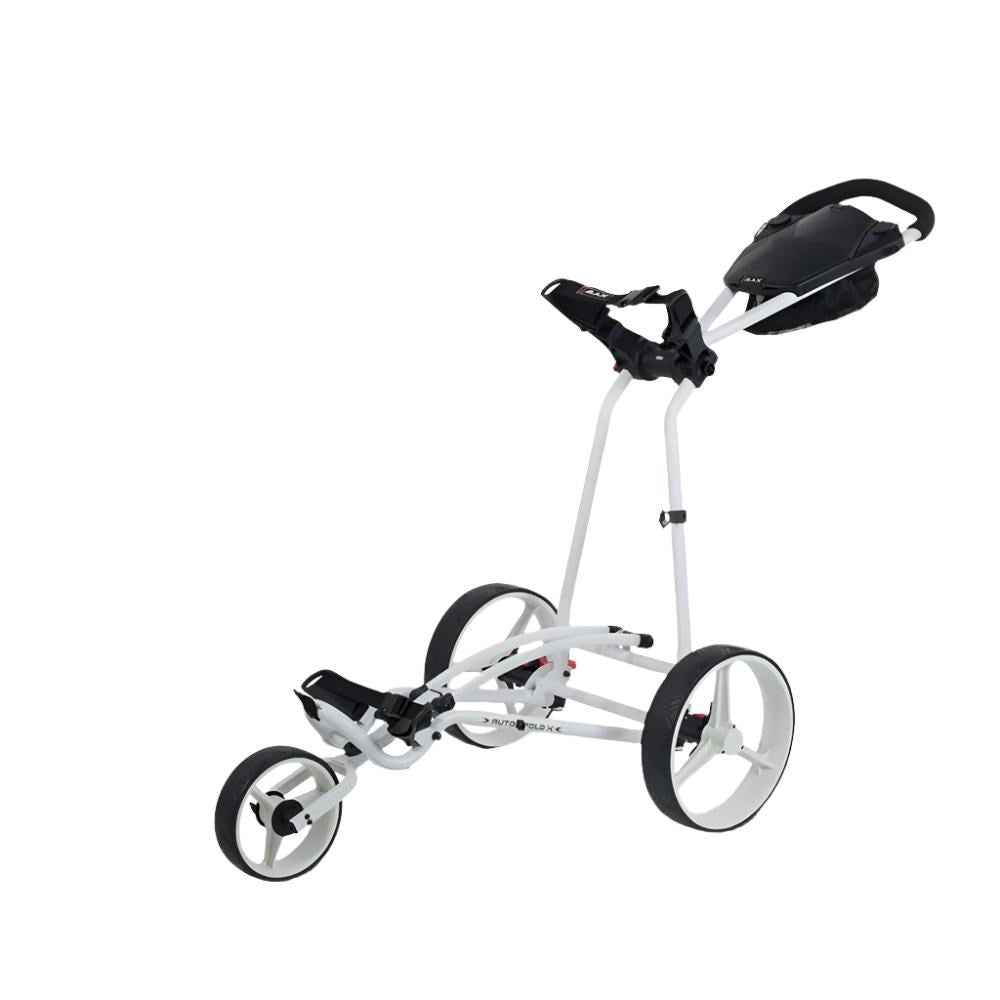 A white and black 3-wheel golf cart with black accents and visible folding mechanism.