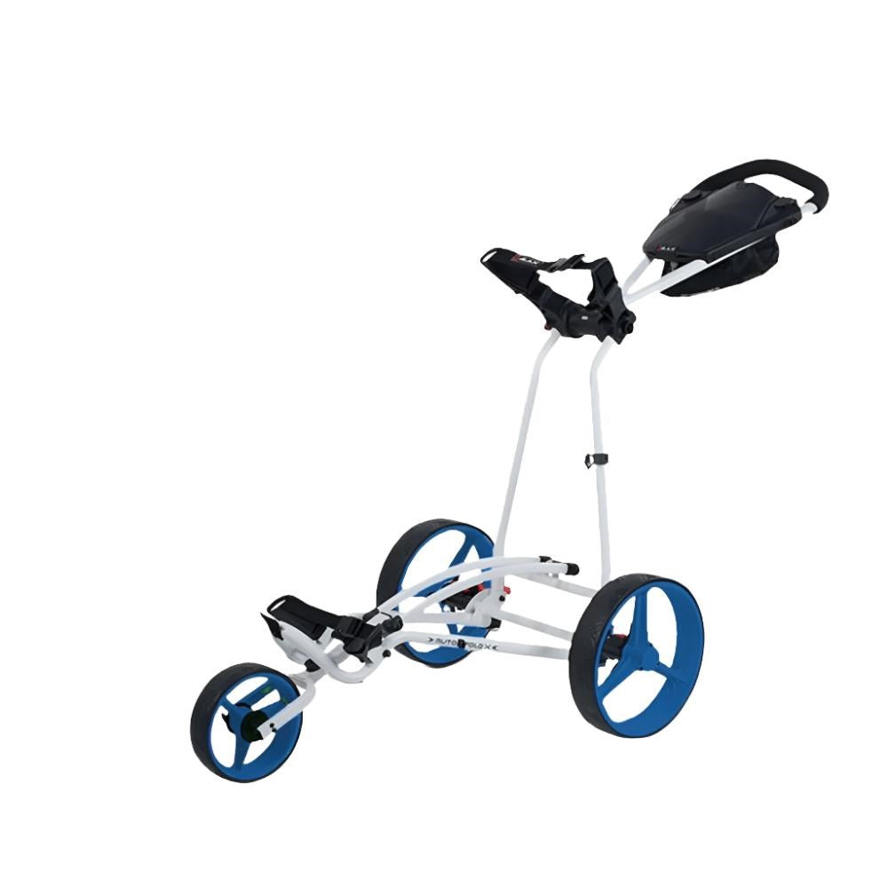 A white and blue 3-wheel golf cart with black accents and visible folding mechanism.