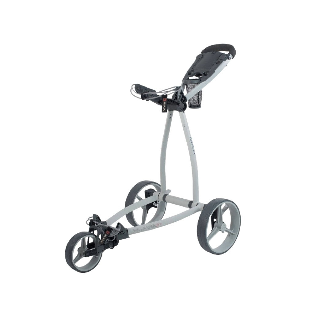 A three-wheeled golf cart with silver and colors, featuring a minimalist design with large wheels and a small frame.