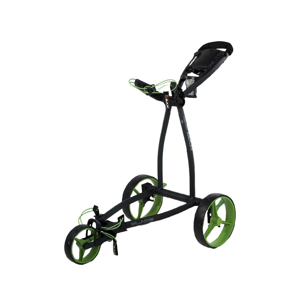 A three-wheeled golf cart with black and green colors, featuring a minimalist design with large wheels and a small frame.