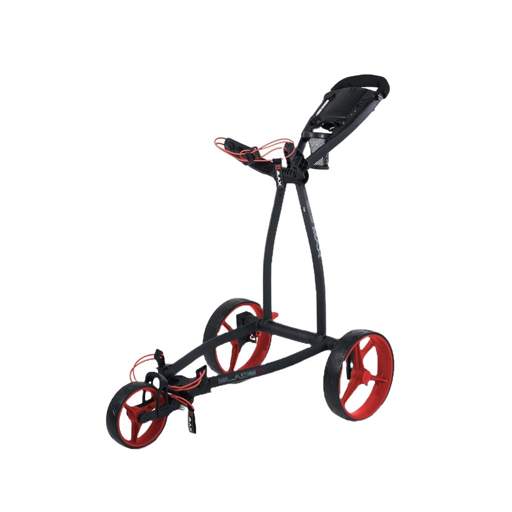 A three-wheeled golf cart with black and red colors, featuring a minimalist design with large wheels and a small frame.