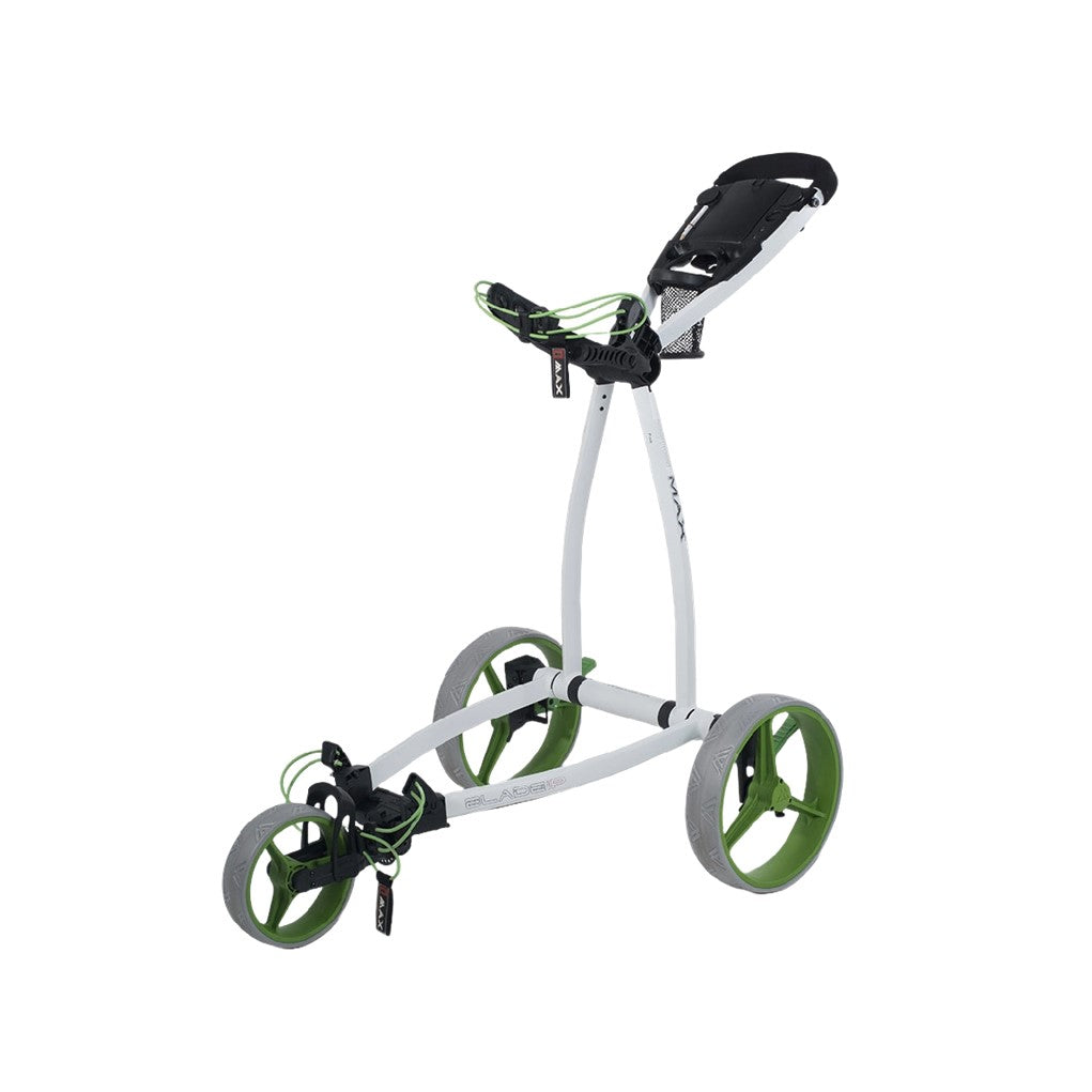 A three-wheeled golf cart with white and green colors, featuring a minimalist design with large wheels and a small frame.