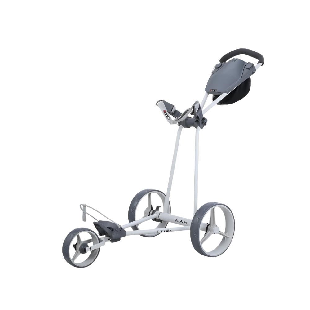 A three-wheeled golf cart with a grey body, white accents, and black wheels.