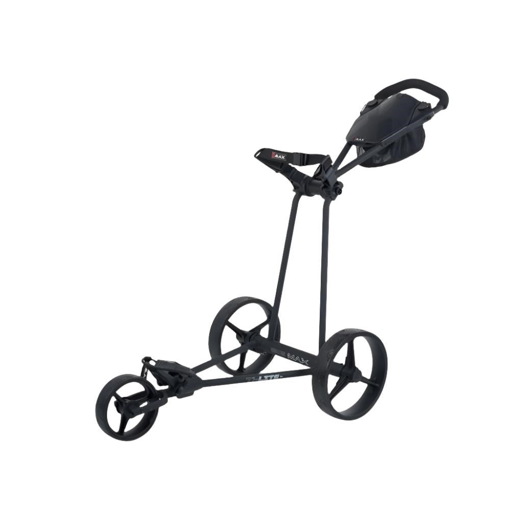 A three-wheeled golf cart with a black body, white accents, and black wheels.