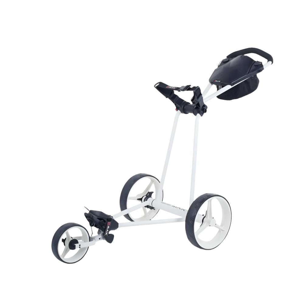 A three-wheeled golf cart with a white body, white accents, and black wheels.