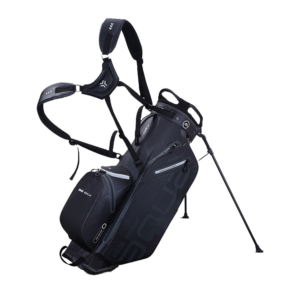 A black full-size golf stand bag with multiple compartments, hooks, and a hidden stand system.