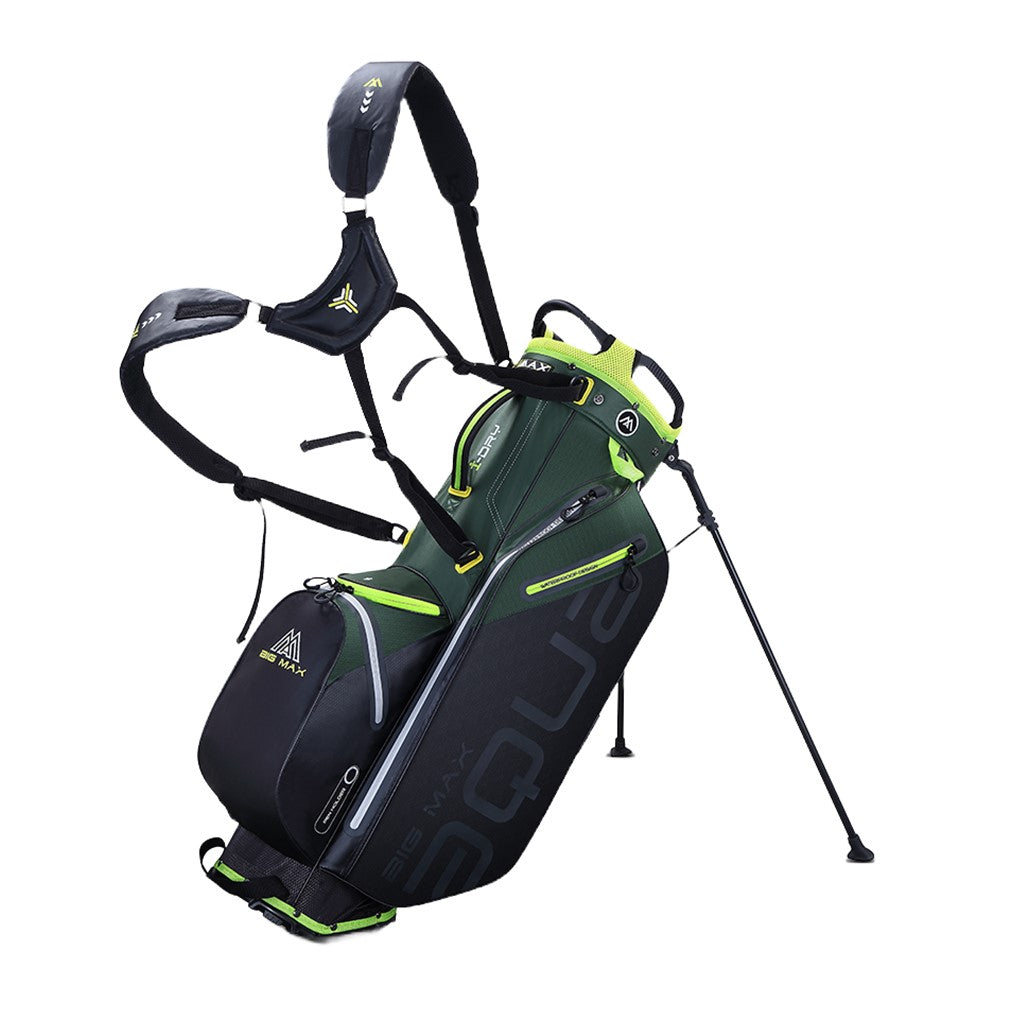 A lime green with green and black full-size golf stand bag with multiple compartments, hooks, and a hidden stand system.