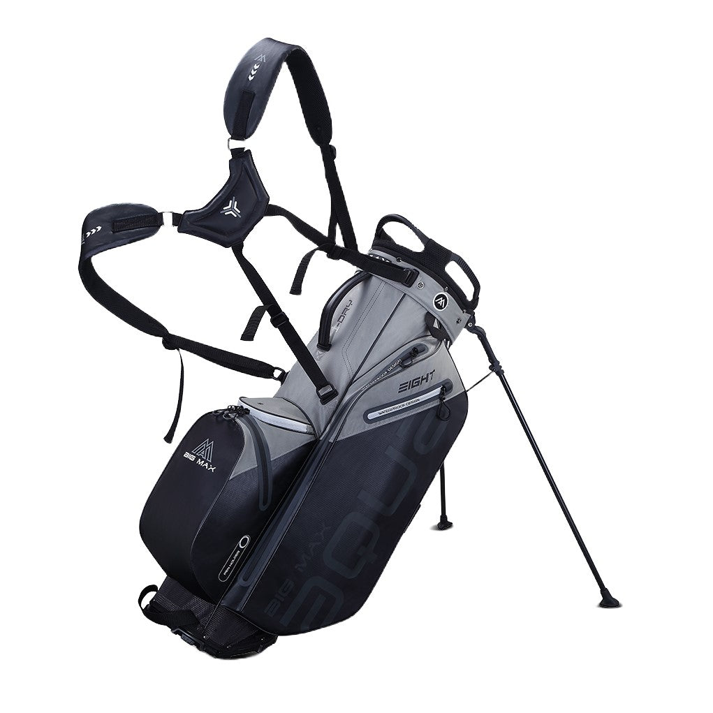A black and silver full-size golf stand bag with multiple compartments, hooks, and a hidden stand system.