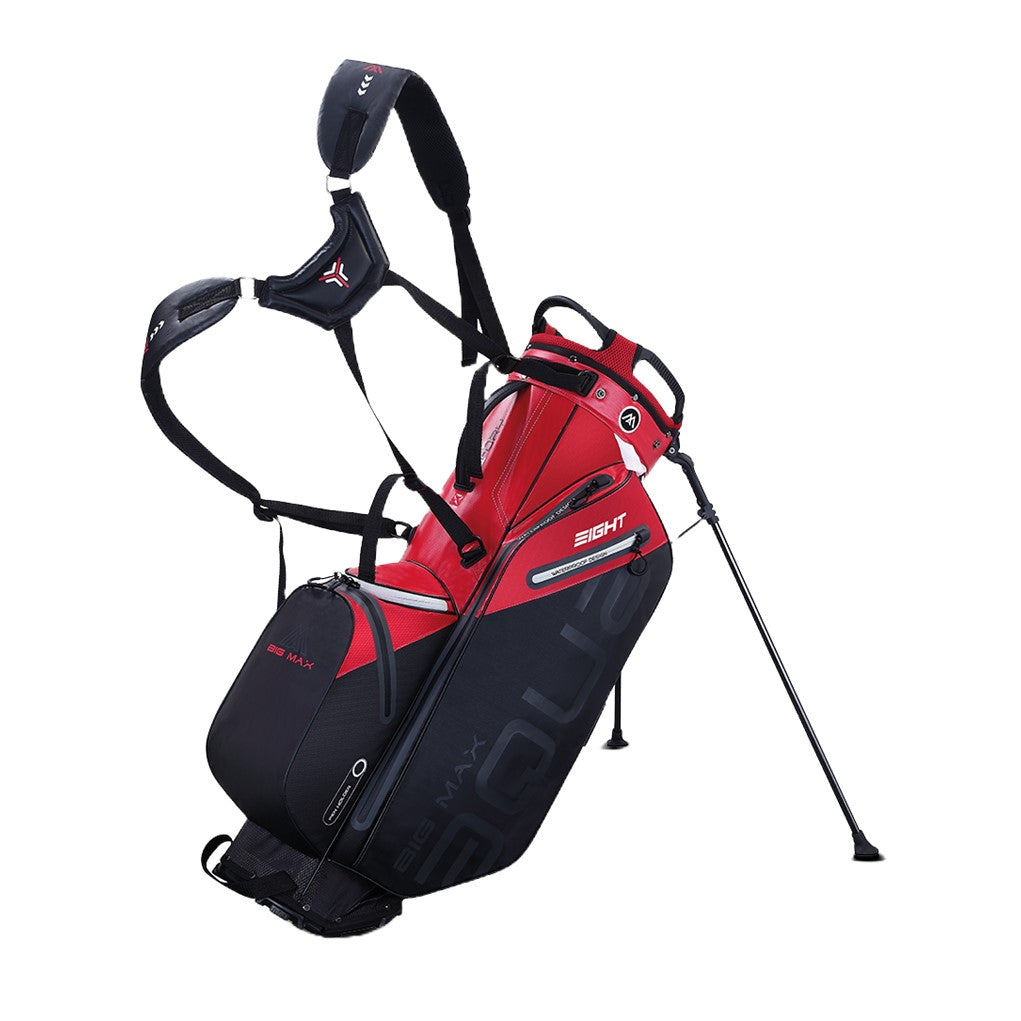 A black, red, and white full-size golf stand bag with multiple compartments, hooks, and a hidden stand system.