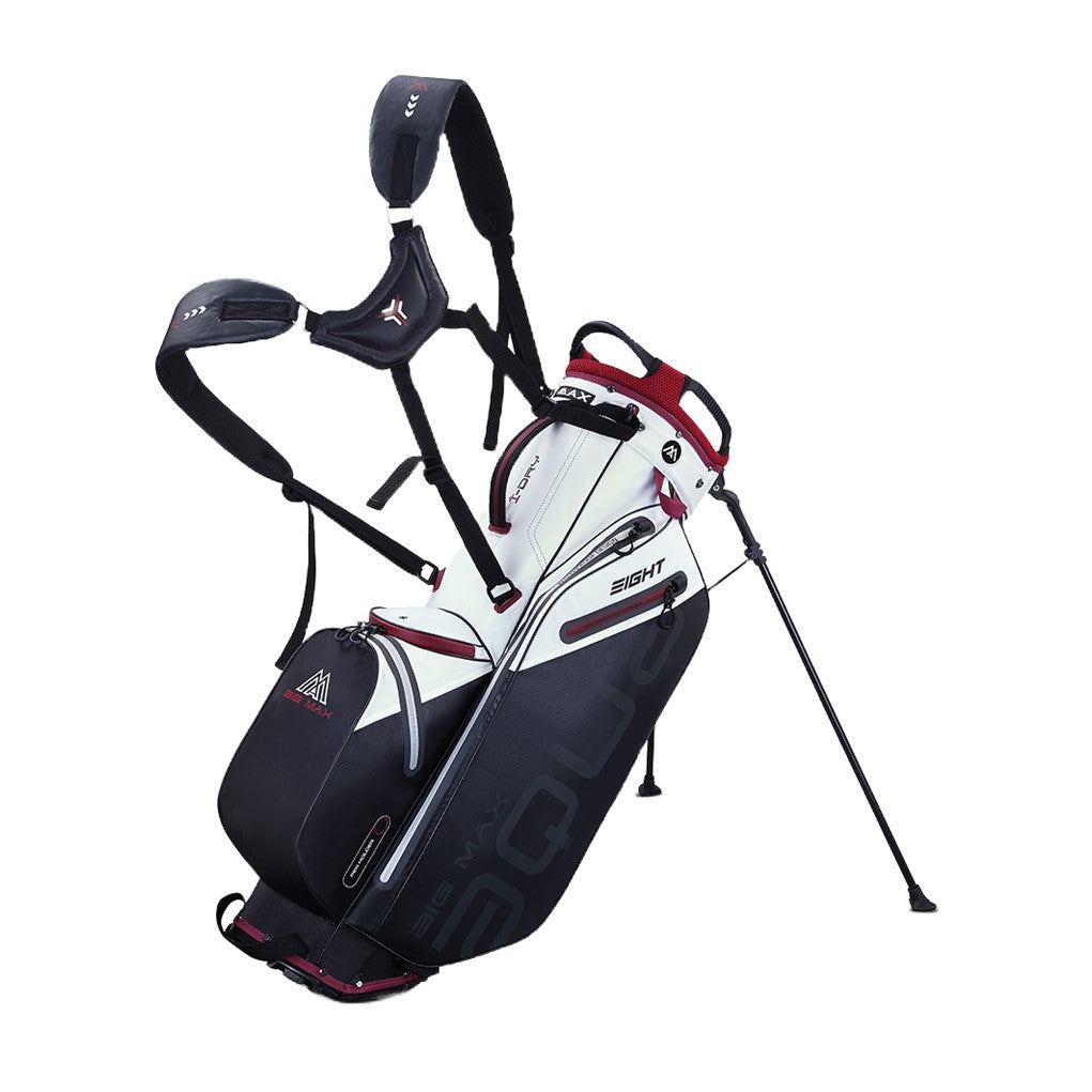A black, white, and red full-size golf stand bag with multiple compartments, hooks, and a hidden stand system.