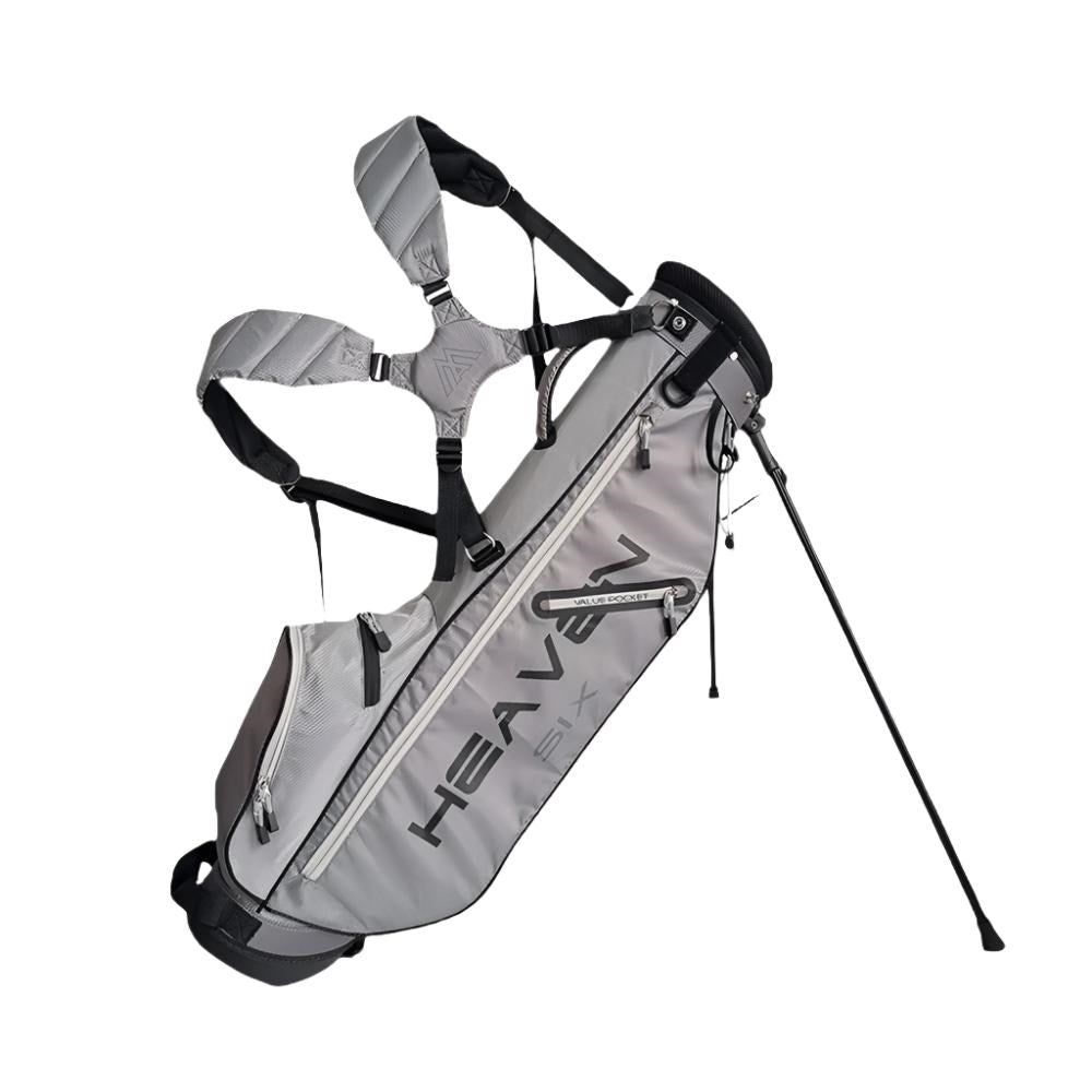 A gray golf stand bag with multiple pockets and the brand 'HEAVEN SIX' visible on the side.
