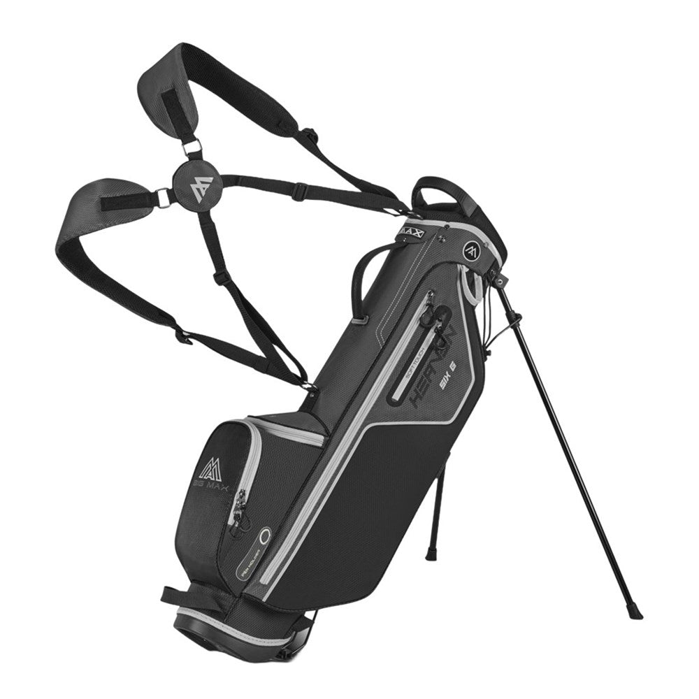 A black golf stand bag with multiple pockets, a 2-point shoulder strap, and an umbrella holder.