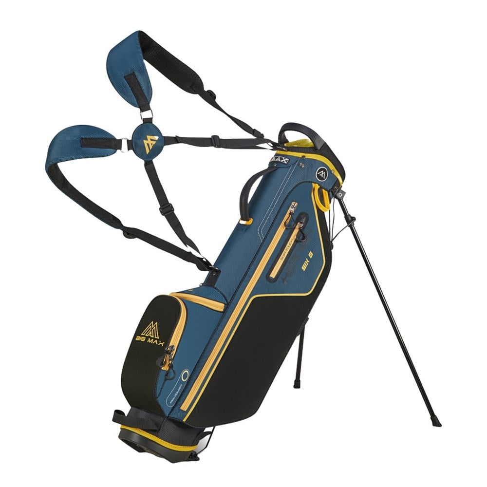A blue yellow golf stand bag with multiple pockets, a 2-point shoulder strap, and an umbrella holder.