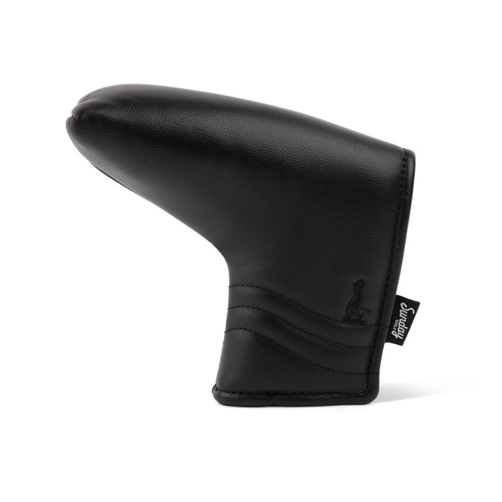 A black blade putter headcover made from durable PU leather, displayed against a white background.