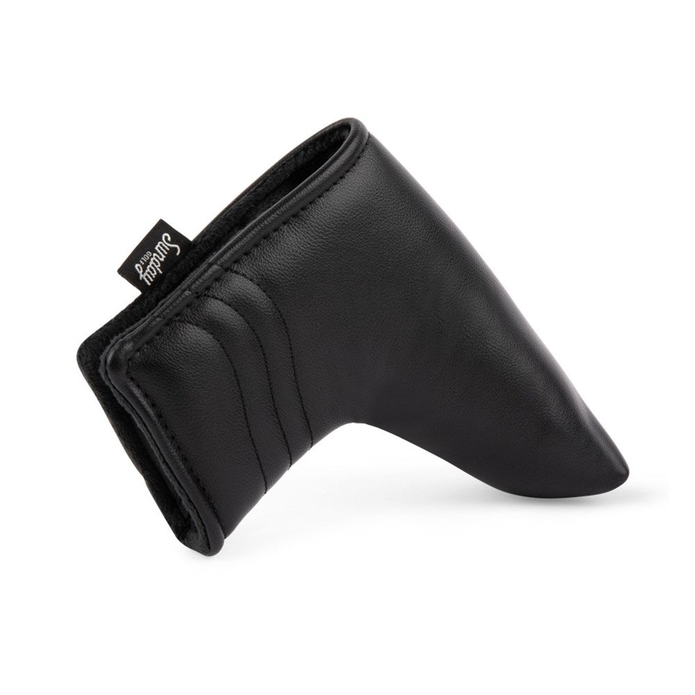 A black blade putter headcover made from durable PU leather, displayed against a white background.