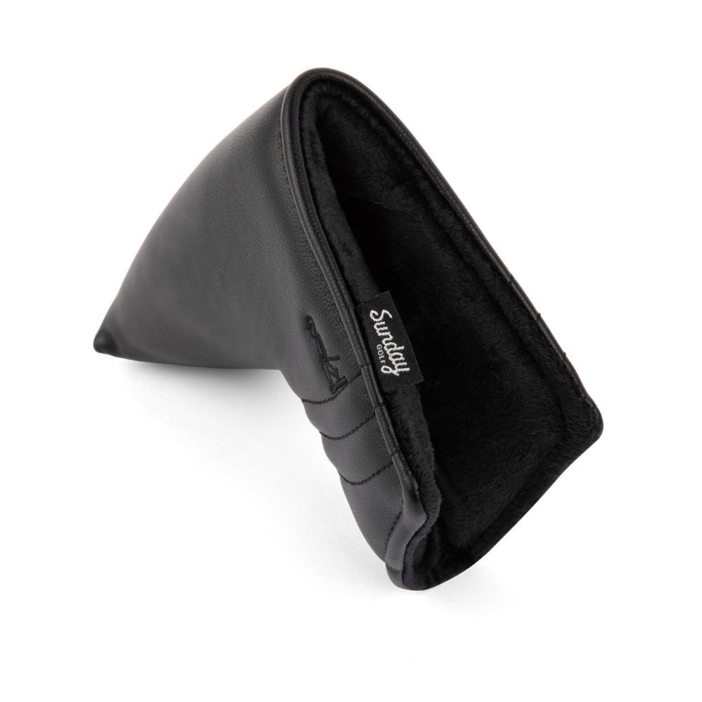 A black blade putter headcover made from durable PU leather, displayed against a white background.
