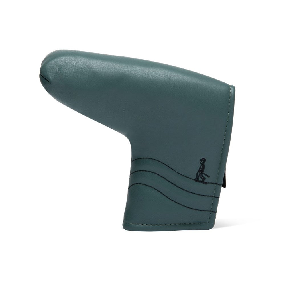 A green blade putter headcover made from vegan leather, featuring a golf ball graphic and decorative stitching.