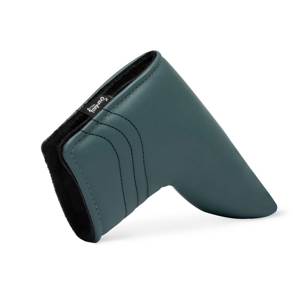 A green blade putter headcover made from vegan leather, featuring a golf ball graphic and decorative stitching.