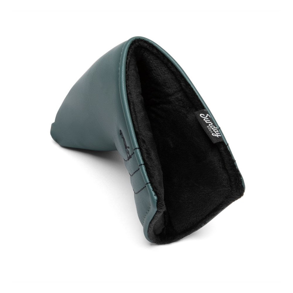 A green blade putter headcover made from vegan leather, featuring a golf ball graphic and decorative stitching.