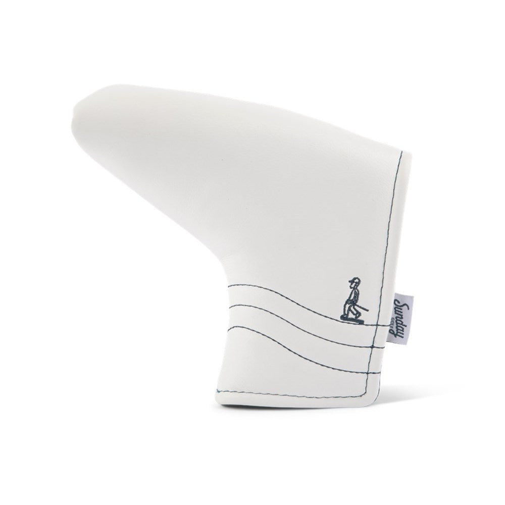 A white and navy vegan leather putter headcover with a magnetic closure, displayed against a white background.