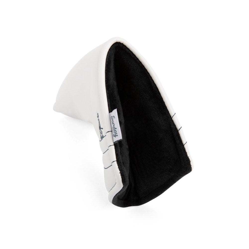 A white and navy vegan leather putter headcover with a magnetic closure, displayed against a white background.