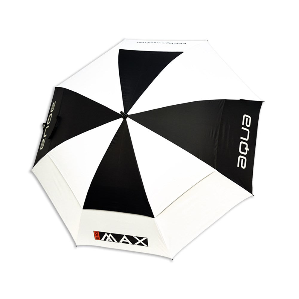 A white and black umbrella with the brand 'BIG MAX' written on it, designed for golf use with a large diameter.