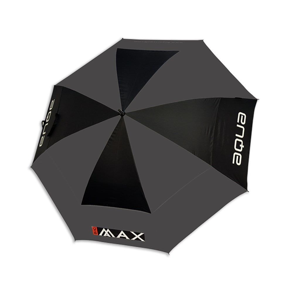 A black and gray umbrella with the brand 'BIG MAX' written on it, designed for golf use with a large diameter.