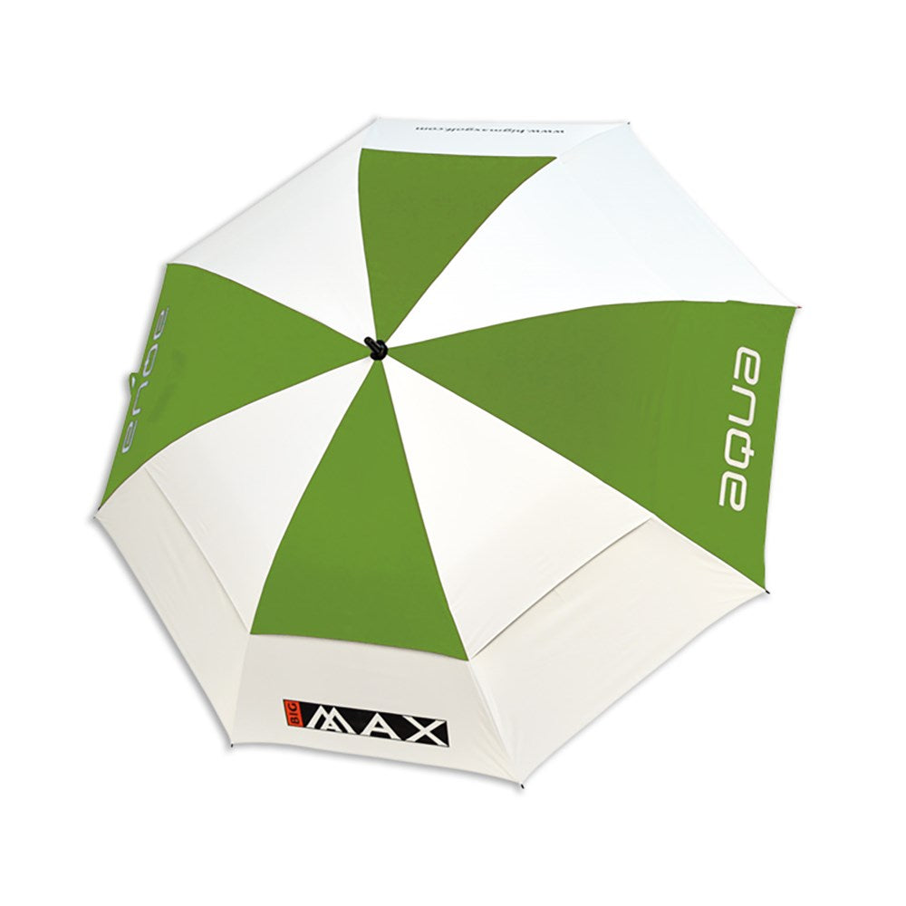 A green and white umbrella with the brand 'BIG MAX' written on it, designed for golf use with a large diameter.