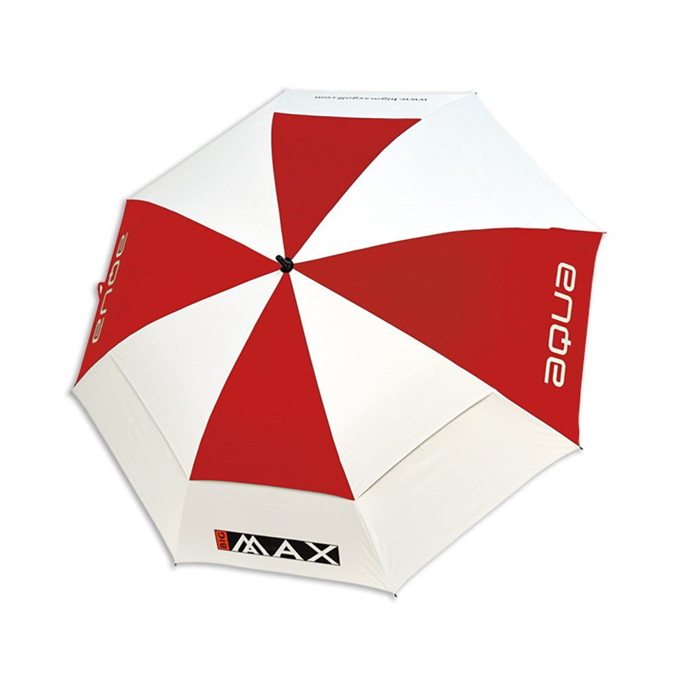 A red and white umbrella with the brand 'BIG MAX' written on it, designed for golf use with a large diameter.