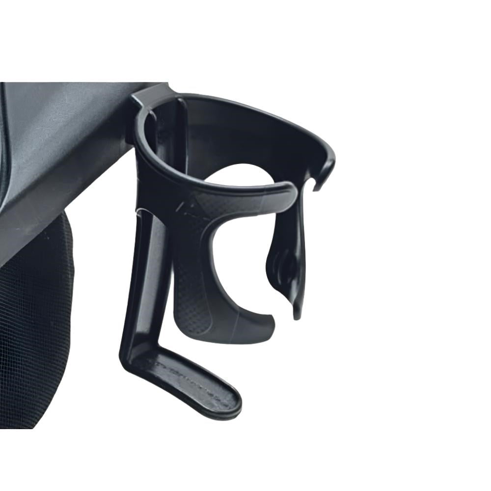A black golf cart beverage holder attached to a seat.