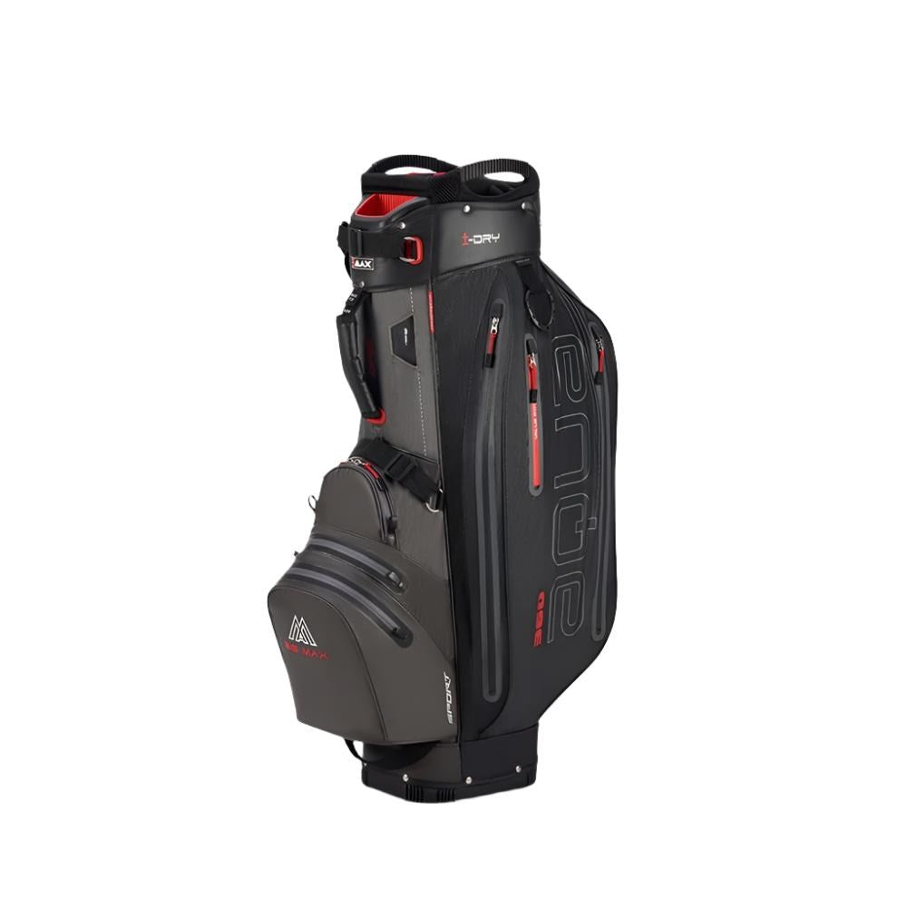 A black golf cart bag with red accents and multiple storage compartments.