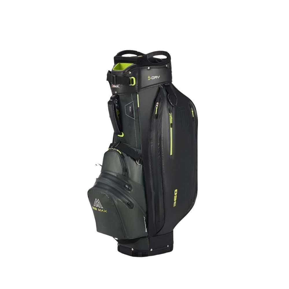A black golf cart bag with green accents and multiple storage compartments.
