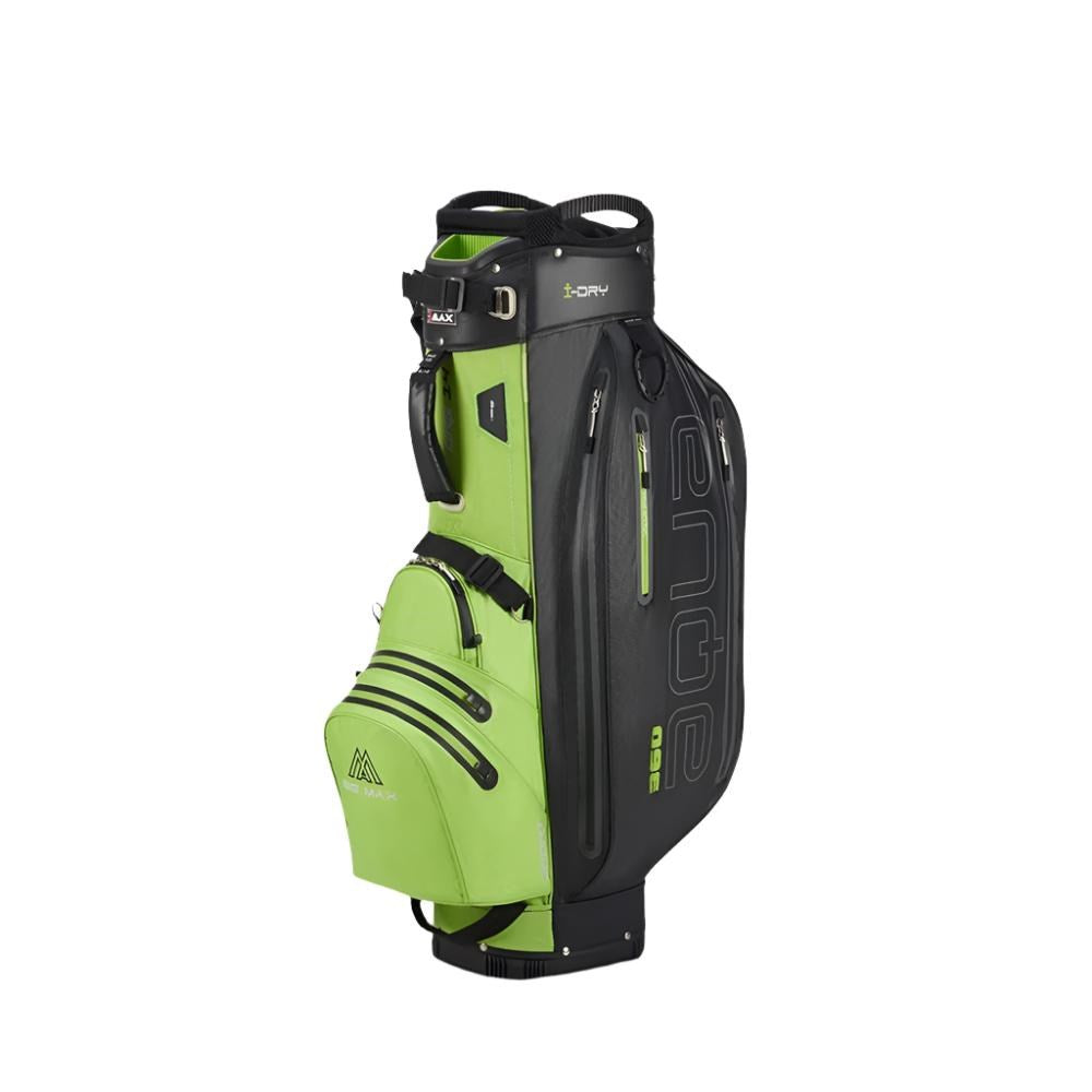 A black golf cart bag with green accents and multiple storage compartments.