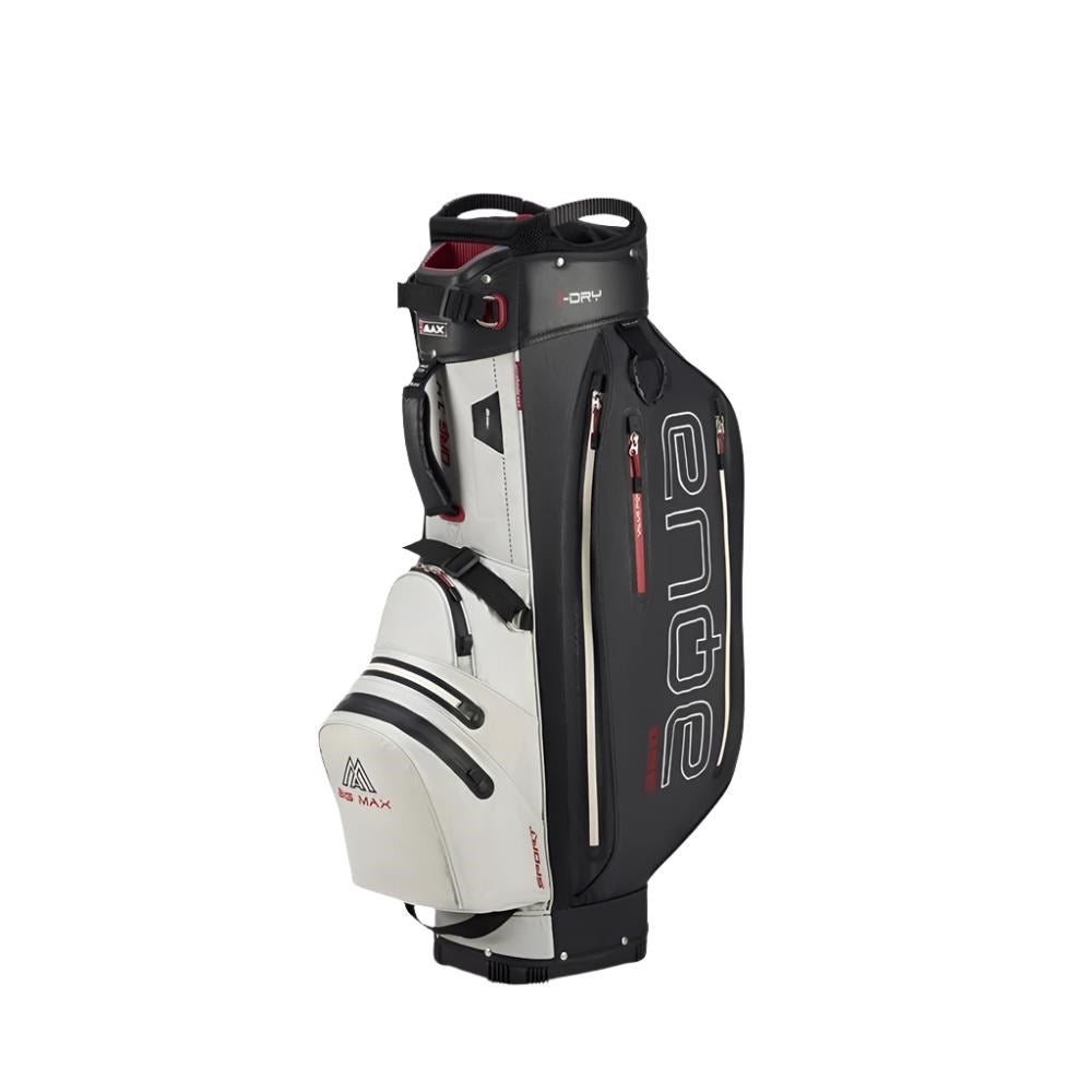 A white golf cart bag with red accents and multiple storage compartments.