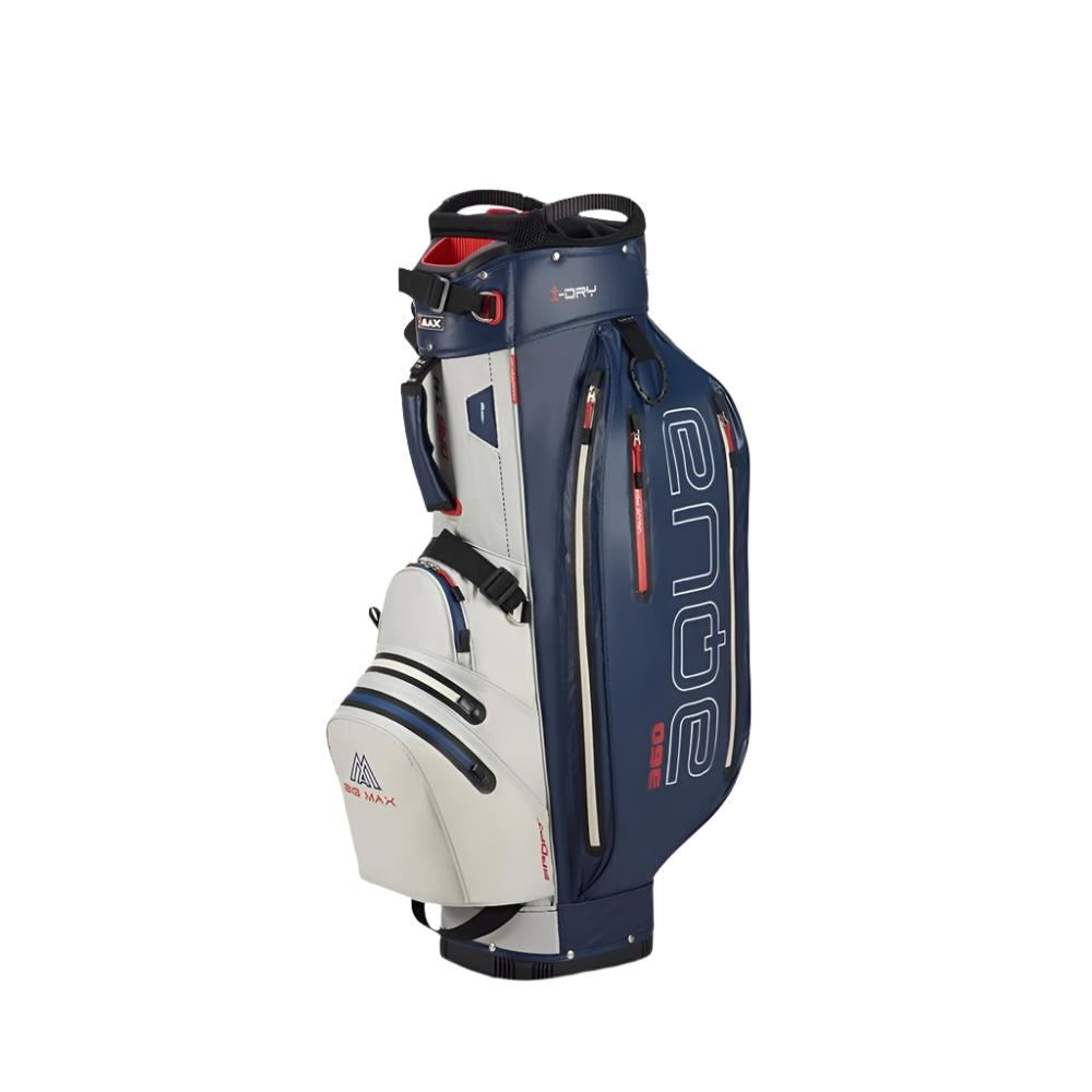 A blue golf cart bag with white and red accents and multiple storage compartments.