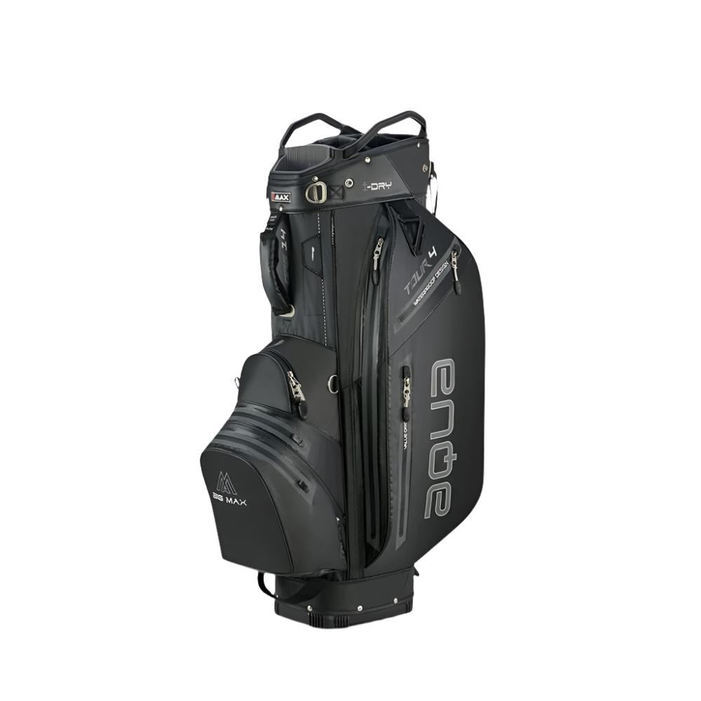 A black Big Max golf cart bag with multiple pockets and a vertical "AQUA" logo on the side.