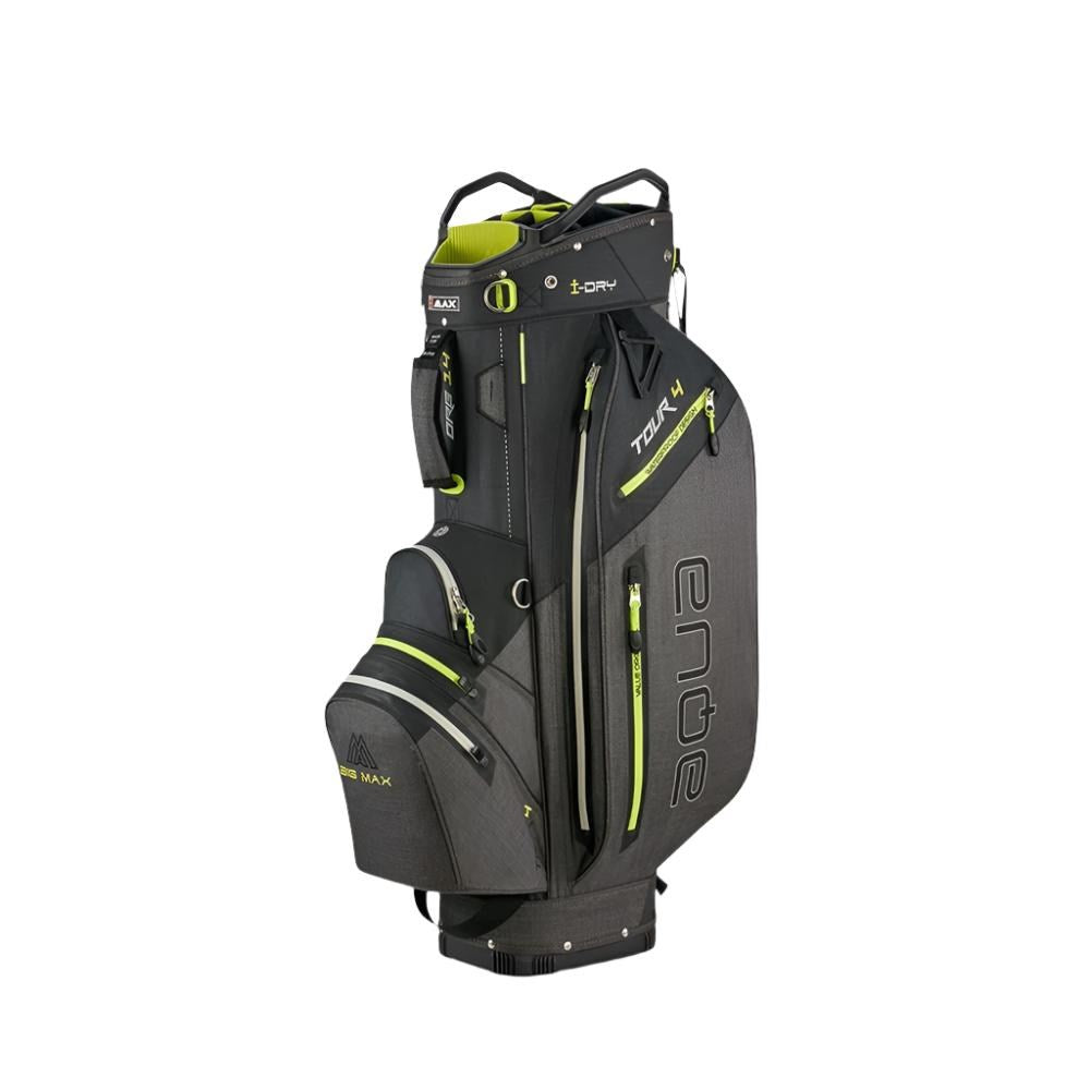 A lime green and black Big Max golf cart bag with multiple pockets and a vertical "AQUA" logo on the side.
