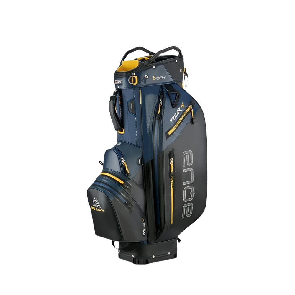 A yellow and blue Big Max golf cart bag with multiple pockets and a vertical "AQUA" logo on the side.