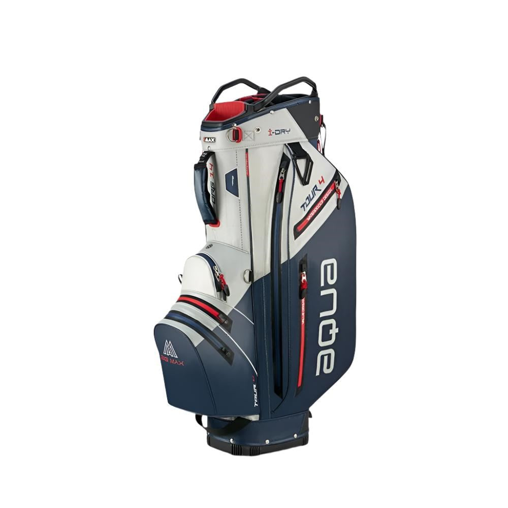 A red and blue Big Max golf cart bag with multiple pockets and a vertical "AQUA" logo on the side.