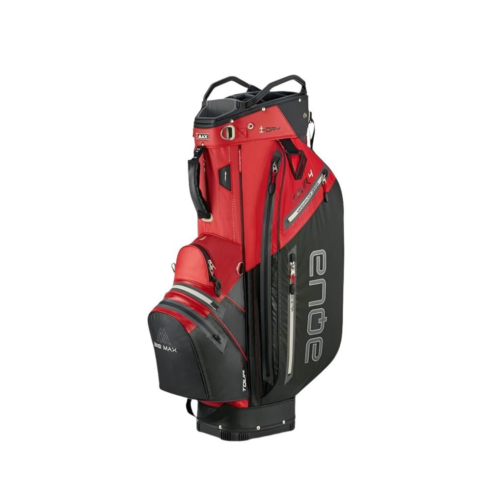 A red and black Big Max golf cart bag with multiple pockets and a vertical "AQUA" logo on the side.