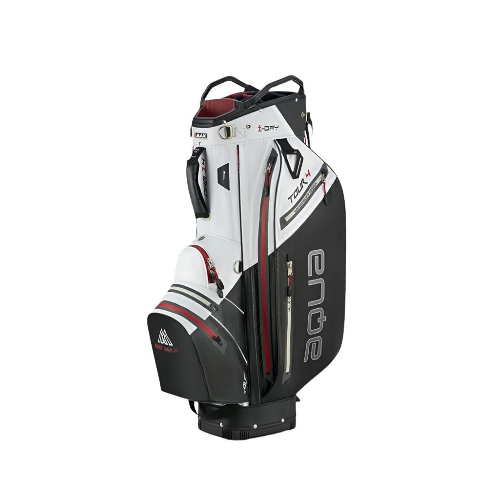 A white and black Big Max golf cart bag with multiple pockets and a vertical "AQUA" logo on the side.