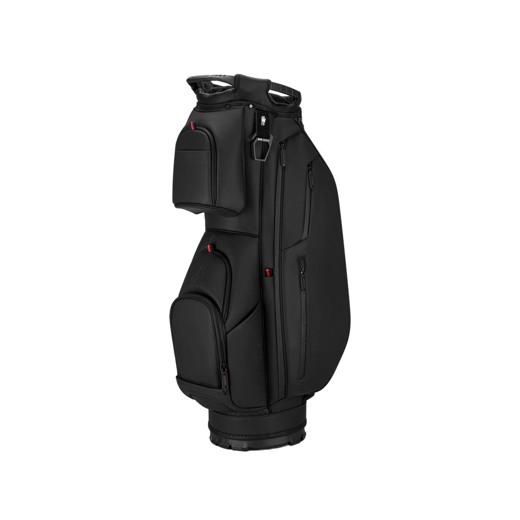 A black golf cart bag with multiple pockets and a hybrid mechanism for transitioning from cart to stand.