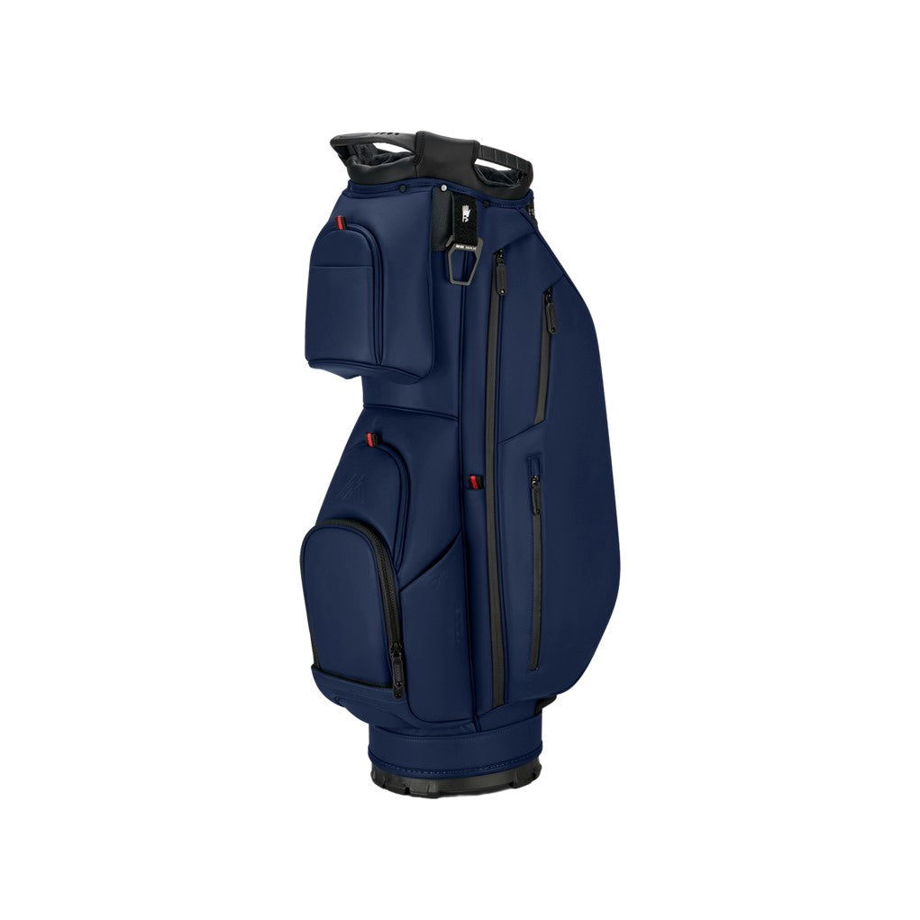 A blue golf cart bag with multiple pockets and a hybrid mechanism for transitioning from cart to stand.