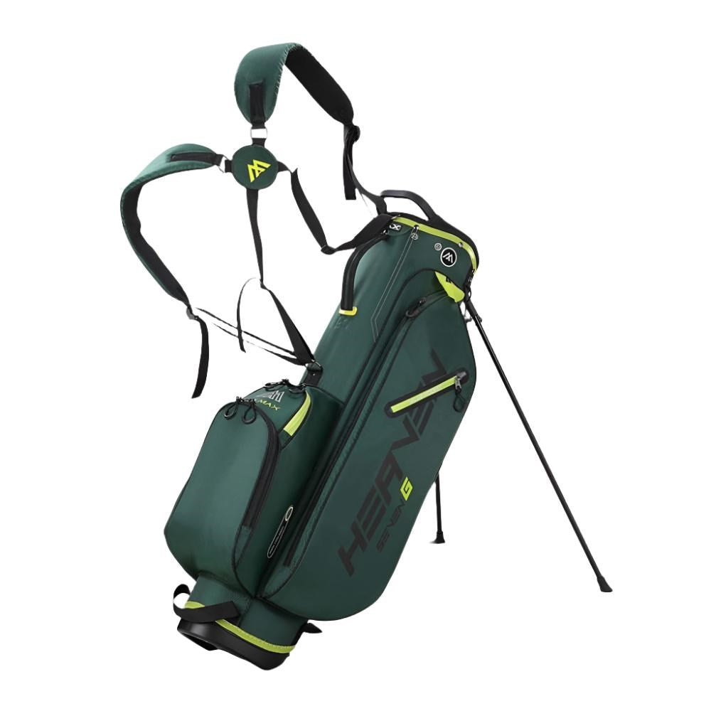 A green golf stand bag with lime accents, featuring padded straps and multiple storage compartments, branded with 'Big Max'.