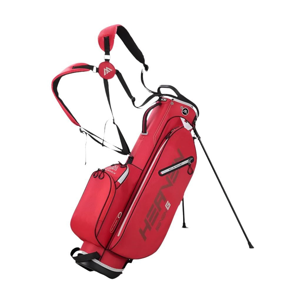 A red golf stand bag with white accents, featuring padded straps and multiple storage compartments, branded with 'Big Max'.